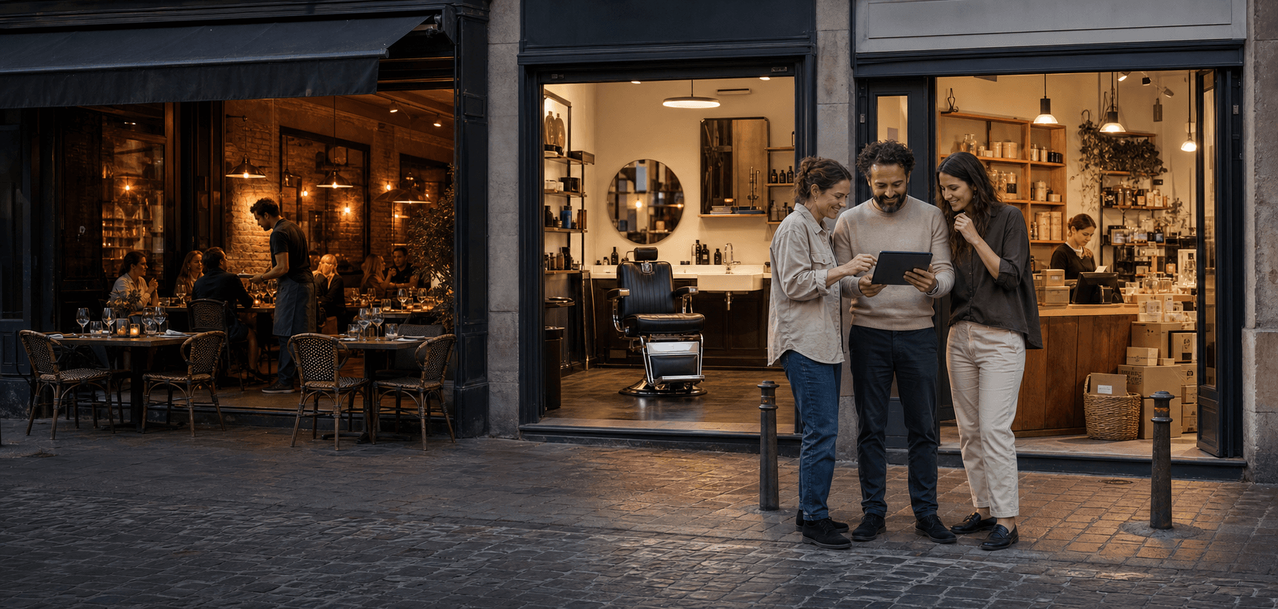 Restaurant, hair studio, and retail owners managing their businesses together